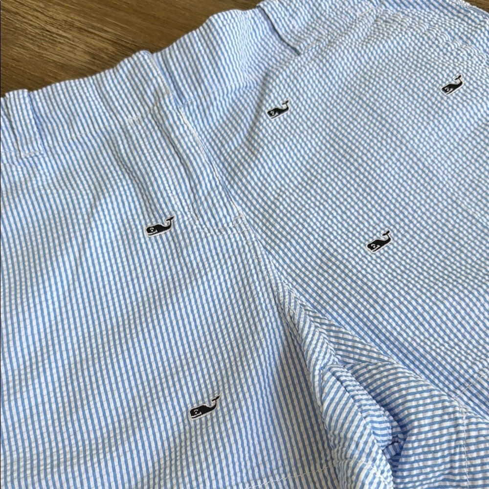 Vineyard Vines Blue and White Striped Seersucker Shorts with Whale Logo